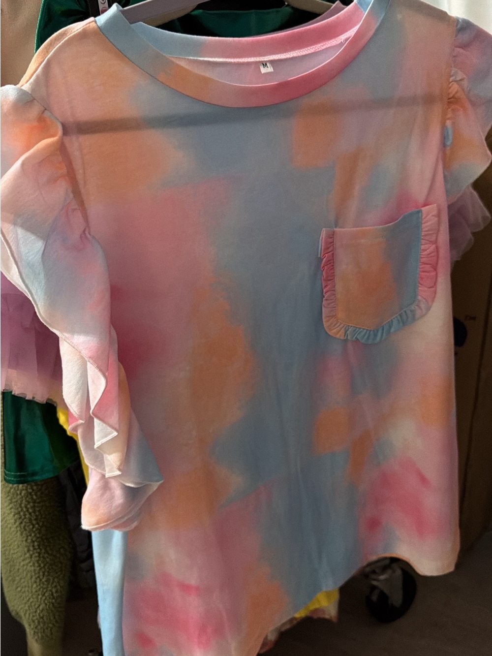 Girls' Pastel Tie-Dye Ruffle Sleeve Top - Pink, Blue & Peach